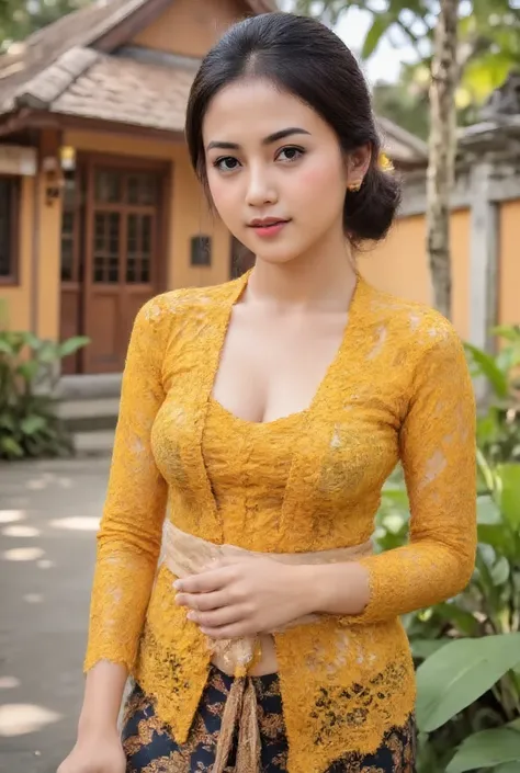 (best quality,4k,8k,highres,masterpiece:1.2),ultra-detailed,(realistic,photorealistic,photo-realistic:1.37),foto,portrait of 15-year-old girl,belonging to,slightly chubby body, big breasts, tied hair in bun, background of traditional Balinese house,Balines...