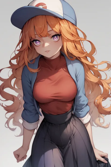 score_9, score_8_up, score_7_up, high resolution, 1girl, looking at viewer, beautiful face, detailed pupils, orange hair, long hair, fringed bangs, light purple eyes, breasts, pokémon trainer, hat, red shirt, blue jacket, black skirt