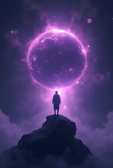 Planet with purple siluete of man floating, background is universe