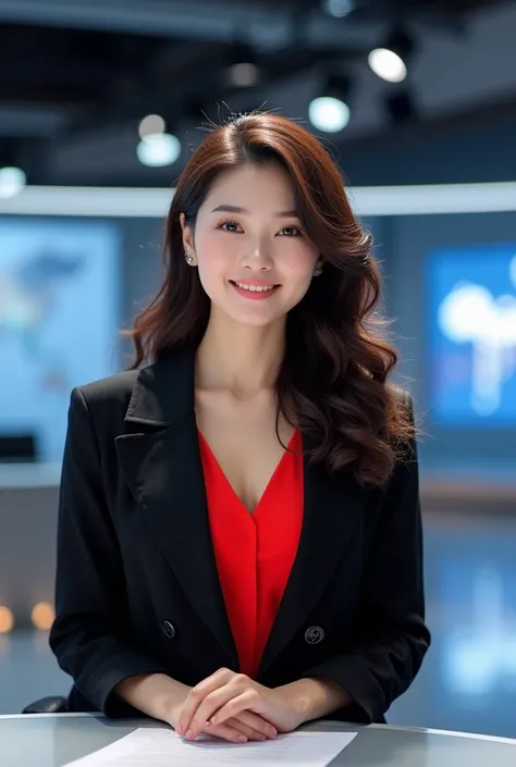 A 30/35 year old Korean woman who is very beautiful with curly & silky hair is sitting in a big & unique TV studio doing news & she wearing black coat  & in side cloth is red colour