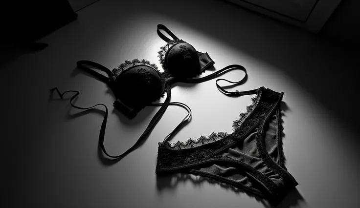 image of womans lingerie lying on the floor , hyper realistic , black and white color.