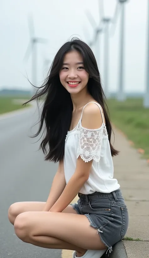 Asian woman, 25 years old, long black hair, beautiful face, high nose, pinkish red lips, pinkish white skin looks radiant, she wears a white lace shirt with short sleeves, white off-shoulder, gray jeans shorts, white loafers, she sits on the sidewalk on th...