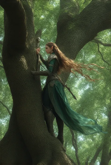  Elf with long hair , beautiful face,  fighters green clothing, bow behind her back ,  climbing a tree 