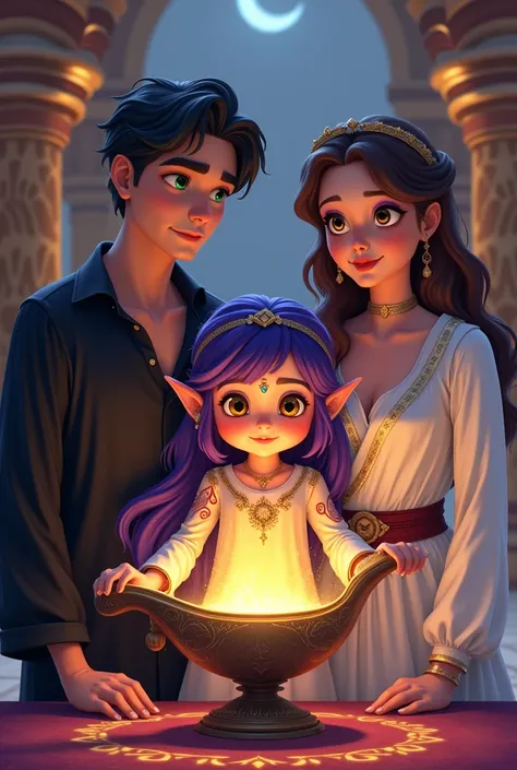 I want jinn from a magic lamp like in Arab countries. I want it to be a young girl with purple dark hair, yellow eyes and tattoos. I want her parents by her side. A handsome Man with a black shirt, dark hair and green eyes and a beautiful woman with a whit...