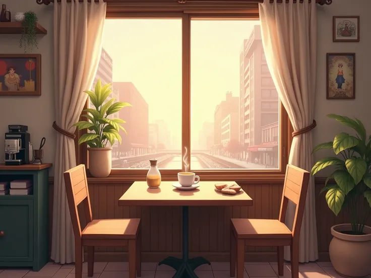 room coffee, front view, anime style, table, only background, high quality