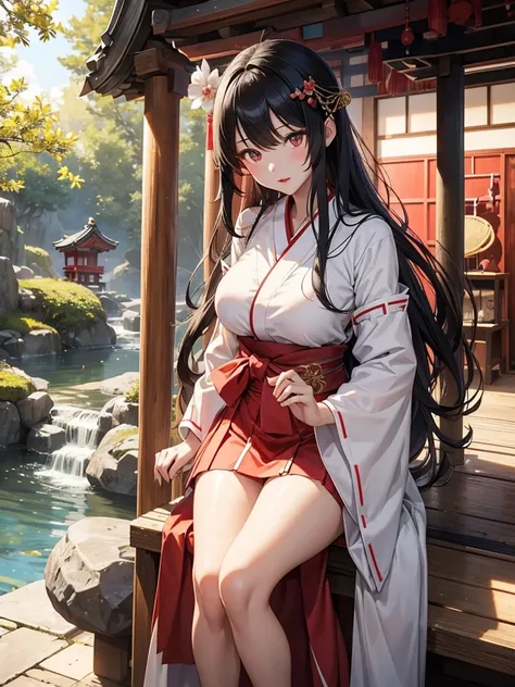 Japanese Mythology、Inari、goddess、ミニスカートにアレンジした白の巫女服、 long dark hair 、 white skin、 red lips、shrine、 Big Breasts , Strong Summer Sunlight、A white shrine maiden costume arranged in a mini skirt to keep cool by fanning a fan 