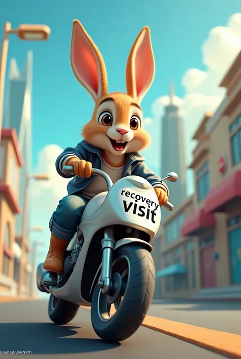 Mr. RABBIT is riding a motorcycle with text " RECOVERY VISIT"