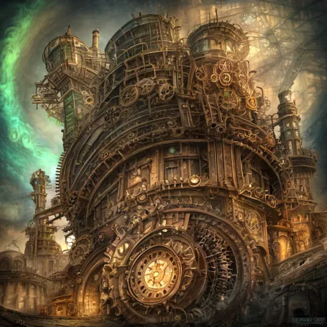 A time-worn steampunk city where massive gears and cogs turn beneath a sky filled with neon auroras.