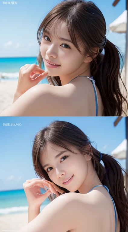 Innocent 20 Year Old Girl 、((White and light blue bikini, swimsuit, Dramatic Poses)),smile,Shortcut,  resort with a charming presence ,beach background、 RAW photos , (8k、 top quality 、​masterpiece:1.2)、( Intricate Details:1.4)、( Photorealistic :1.4)、 octan...