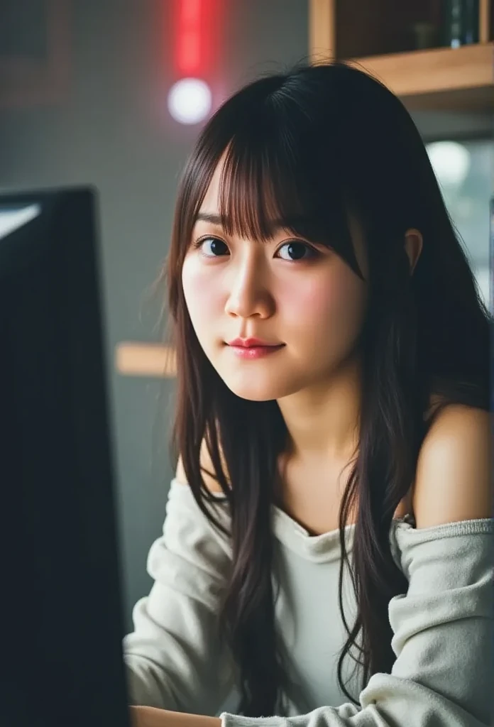 (masterpiece,  top quality ), (Complex Light),  1 girl, Alone,   dark eyes, smile, Sitting in front of a computer playing games, E-sports room background,