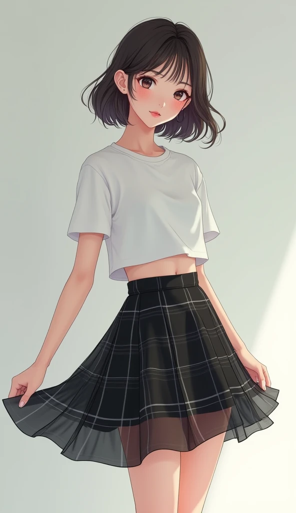 anime girl in a white top and plaid skirt posing for a picture, plaid skirt, skater skirt, korean womens fashion model, wearing skirt, wearing crop top and miniskirt, mini-skirt, grey skirt, short skirt, wearing a skirt, photo of slim girl model, transpare...