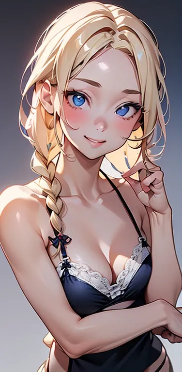 Realistic、1house wife、blonde hair、braid、blue eyes、(eye focus:1.3,face focus,upper body),(gradient eyes:1.3),(camisole　sexy　panties
)、(forced smile:1.3),single braid,cute face、(hand to face), full body