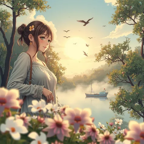 (bestquality),(music package),(pastel pop anime style),Pastel pop-style album cover, A quiet and peaceful morning scene with soft golden sunlight shining through a misty forest, and distant birds flying silently across the sky, creating a calm atmosphere. ...