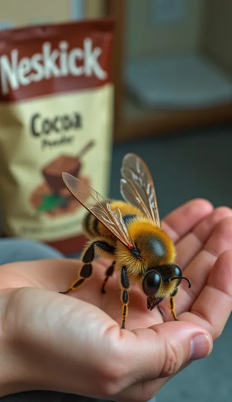 Une abeille blessée se fait manipuler  chez le kiné  avec derrière elle un paquet de cacao avec linscription "NESKICK"