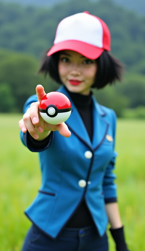 A beautiful adult Chinese woman dressed in a perfectly tailored Ash Ketchum cosplay suit, featuring a red and white cap, blue jacket, black undershirt, and fingerless gloves. Her short, stylish black hair peeks out from under the cap, framing her confident...