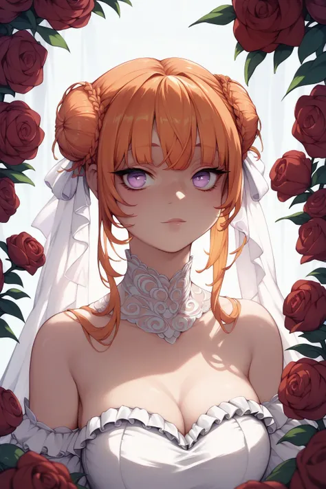 score_9, score_8_up, score_7_up, high resolution, 1girl, looking at viewer, beautiful face, detailed pupils, orange hair, triple bun, fringed bangs, light purple eyes, breasts, wedding, beautiful white dress, red flowers