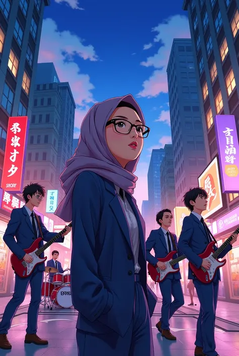 Create Anime Poster Titled " LUNARYC AVENUE "  Depicts a band ,  4 men holding 2 guitars , keyboard, and drums .  And 1 female vocalist  ( holding mic ),  in hijab and glasses .  Genre Band City Pop 