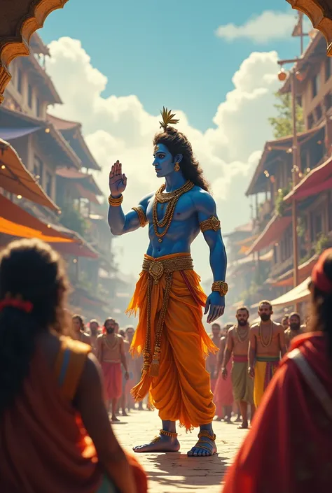  Hindu dharm culture Lord Shri Krishna is telling something to the people inside Dwarka village
 High quality graphics background high VFX quality high 