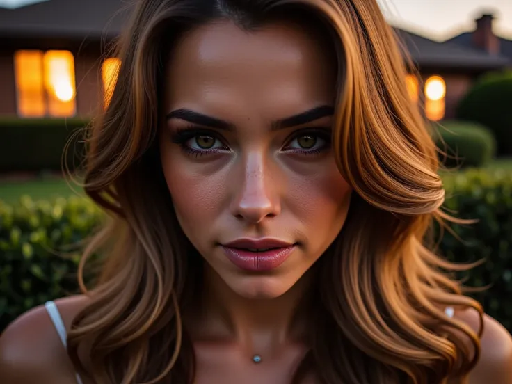 A beautiful woman, close up portrait, Shes smiling ominously with the eyes slightly open, in the background there is a suburbs house Set on Fire