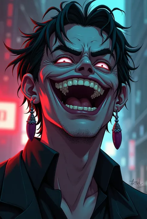 Guy, evil looking with earrings, laughing, aesthetic with effects anime