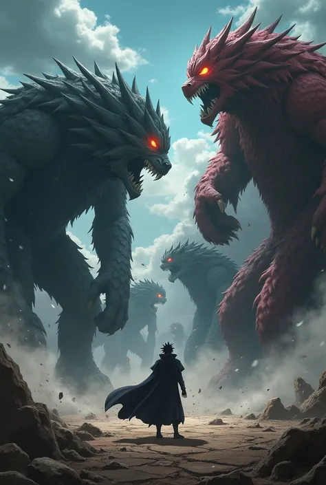 "An animated scene depicting Madara Uchiha in a fierce battle on a war-torn battlefield. Madara stands in the center, surrounded by massive, towering beasts—ten enormous creatures, each with distinct, fearsome features. These beasts are towering over the b...