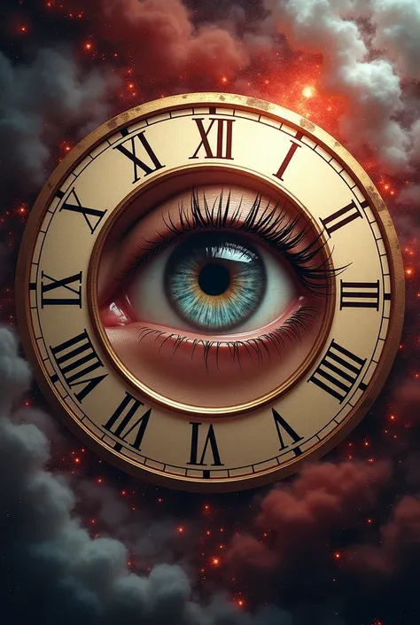 A super detailed, super sharp, super beautiful photo of an eye in the middle of a Roman clock with a red and white cosmic background behind it.