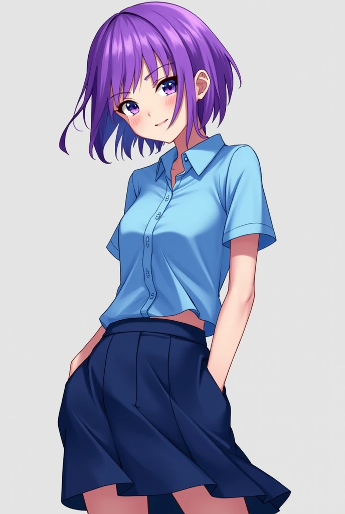 Her hair is a short purple color , a short-sleeved shirt in blue, a short skirt a dark blue color  