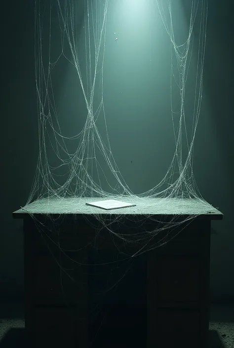 A desk with cobwebs up