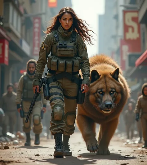 Tough beautiful woman fully dressed a tough special military trooper , and valiantly brave alongside a large thick hairy srigala is crossing an urban area