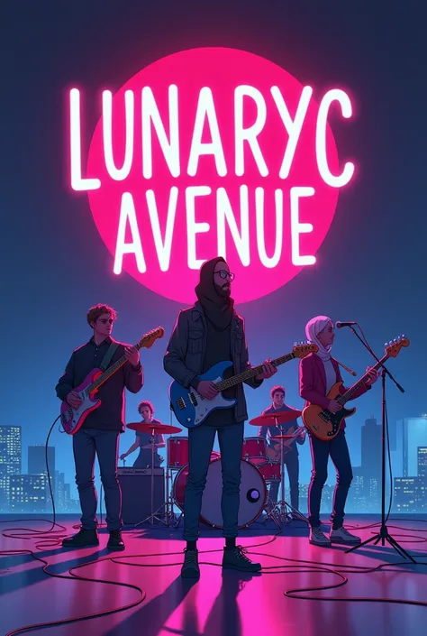 Buat gambar Anime beri tulisan judul "LUNARYC AVENUE" Menggambarkan sebuah band, 4 laki-laki masing masing pegang gitar, keyboard, drum, gitar bass. Dan 1 perempuan vokalis (pegang mic), berhijab dan kacamata. Genre Band City Pop (neon) 