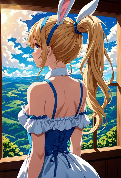 Beautiful anime bunny girl with blonde hair tied in messy ponytail, vibrant shade of blue eyes, bunny ears on the top of her head, and white flully bunny tail with the view is from her behind