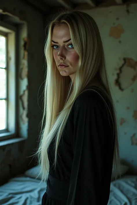 In a rustic vintage room, a woman with very long, straight blond hair and deep blue eyes, slender, the scene includes urban decay elements with beds, rendered in black. Wide lens, retro grunge, broken walls with high contrast.(8k, RAW photo, highest qualit...