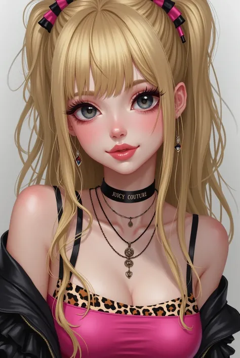 Realistic art style, pale girl, blonde hair, an emo fringe that lays across her face, black eyes, doe eyes, pink lips, pouty lips, a soft smile, straight eyebrows, an eyebrow piercing pierced on the left side of her eyebrow, a side labret lip piercing on t...