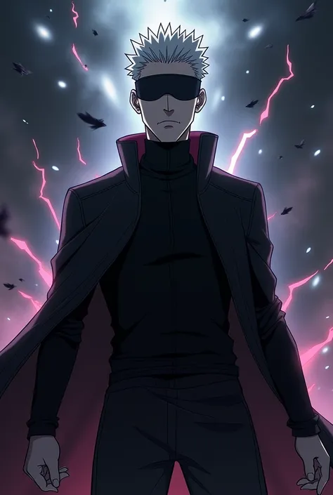 "An animated scene featuring Gojo Satoru from Jujutsu Kaisen. Gojo stands confidently in the middle of a dark, ominous battlefield. He is wearing his signature black high-collared jacket, with his blindfold or dark sunglasses in place, concealing his eyes....