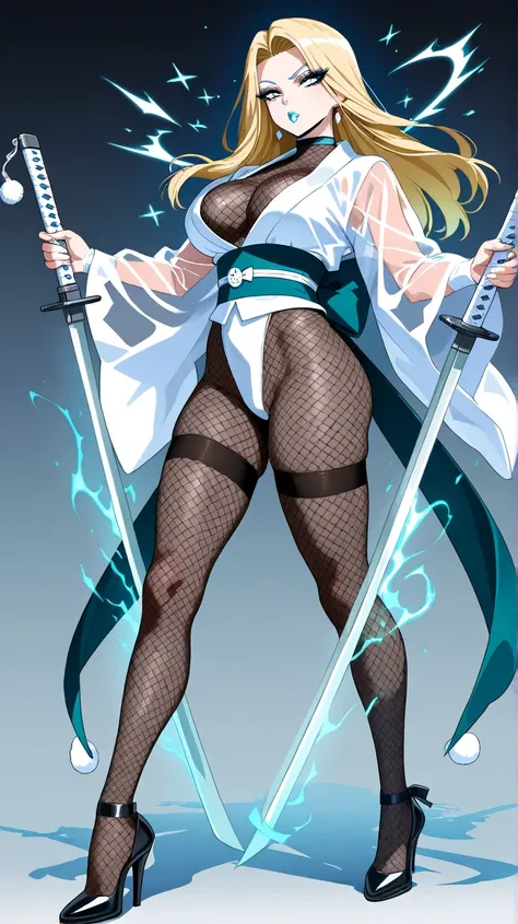 Emma Frost sexy ninja kimono clothingsee-through sleeves thigh high stockings fishnet bodysuit sexy high heels controlling magical loading swords, katanas encoded with diamond aura around it Blonde Hair, from x man
White eyeshadow and white lipstick 
