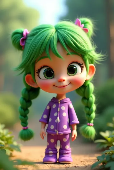 3D style, cartoon, A girl with two long green braids and bangs wearing a purple polka-dotted outfit on a green background