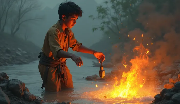 Character Details: Nischal (Nepali boy, 20 years old), tossing an old, worn-out item into a fire or river, symbolizing the release of what no longer serves him. His face is calm but decisive.

