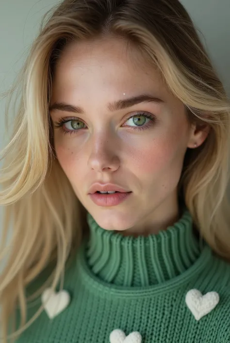 Beautiful woman with blonde hair and green eyes, pale skin, wearing a green sweater with white hearts, close-up features