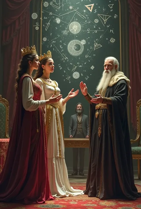 Create an image of a queen and her female advisor solving a math equation in the air while a cloaked man with a beard watches,