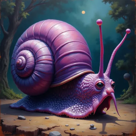 grape snail with long tentacles instead of legs,Dali surrealism style,oil painting with thick impasto brushstrokes,craquelure texture,hyperrealistic,intricate details,dreamlike atmosphere,vibrant colors,dramatic lighting,high contrast,masterpiece,best qual...