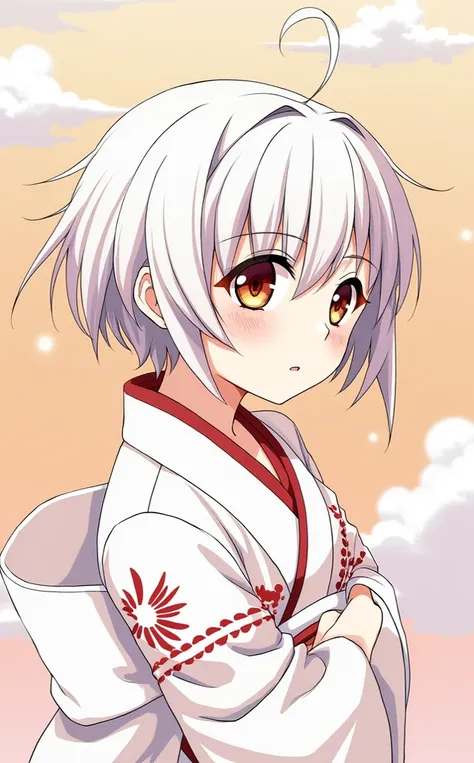  anime girl image, beautiful, Japanese girl,  delicate features ,  short dark brown hair, orange eyes, light skin,  medium breasts ,  slim body,  She measures 159 cm  , She wears a traditional white kimono with red details, watching from the front, He is 1...