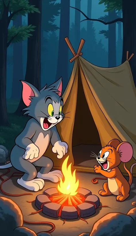 Tom and Jerry go camping, and Jerry sets traps using marshmallows and campfire tools. Tom ends up tangled in a tent while Jerry roasts his marshmallow peacefully.