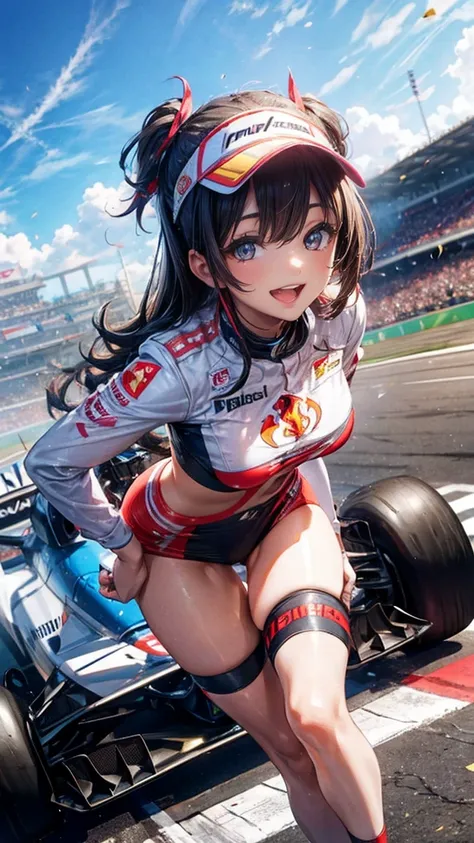  one woman　 race queen　Pose for the camera in front of an F1 car　 high leg 　 lower angle 　 cute smile、ferrari