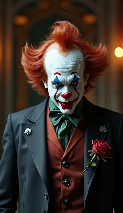 clown , seriously, chic, wearing a suit, aristocratic ,  silver elements , hairstyle, hair tied up, braid and loose , messy,  arrogant , absurdists, detailed suit, royalty, celebration,  room decorated with black and red flowers, (best qualityer), ( artwor...