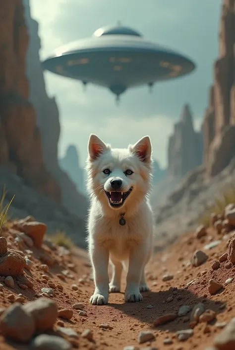 A little white dog fiercely defends the crumbling Earth from the attack of unknown alien civilizations