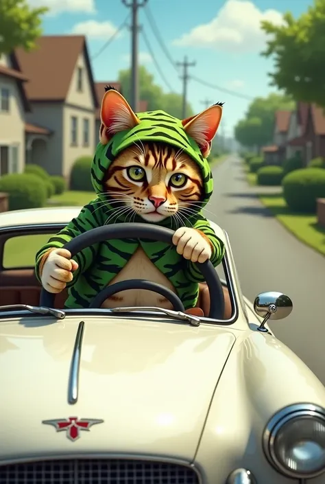 A cat driving a white car wearing a green tiger