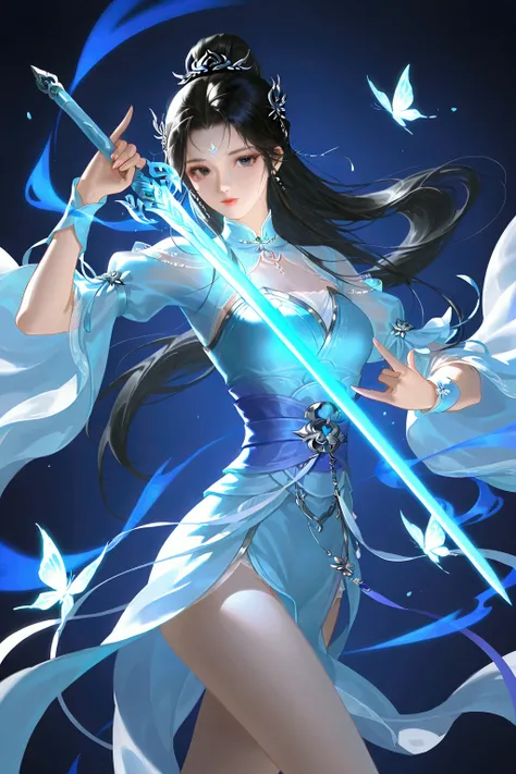 huahua de lao fei, zhu xian, lu xueqi (zhu xian), 1girl, n/, black hair, bug, butterfly, chinese clothes, closed mouth, dark, energy, expressionless, facial mark, forehead mark, hair ornament, holding, holding sword, holding weapon, long hair, looking at v...