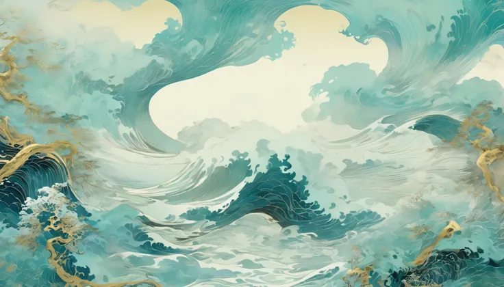 chinese painting nature illustration,  in the style of ethereal dreamscapes,  gold and aquamarine,  layered imagery with subtle irony,  historical illustrations,  futuristic chromatic waves,  light teal and white,  precise,  detailed paintings 