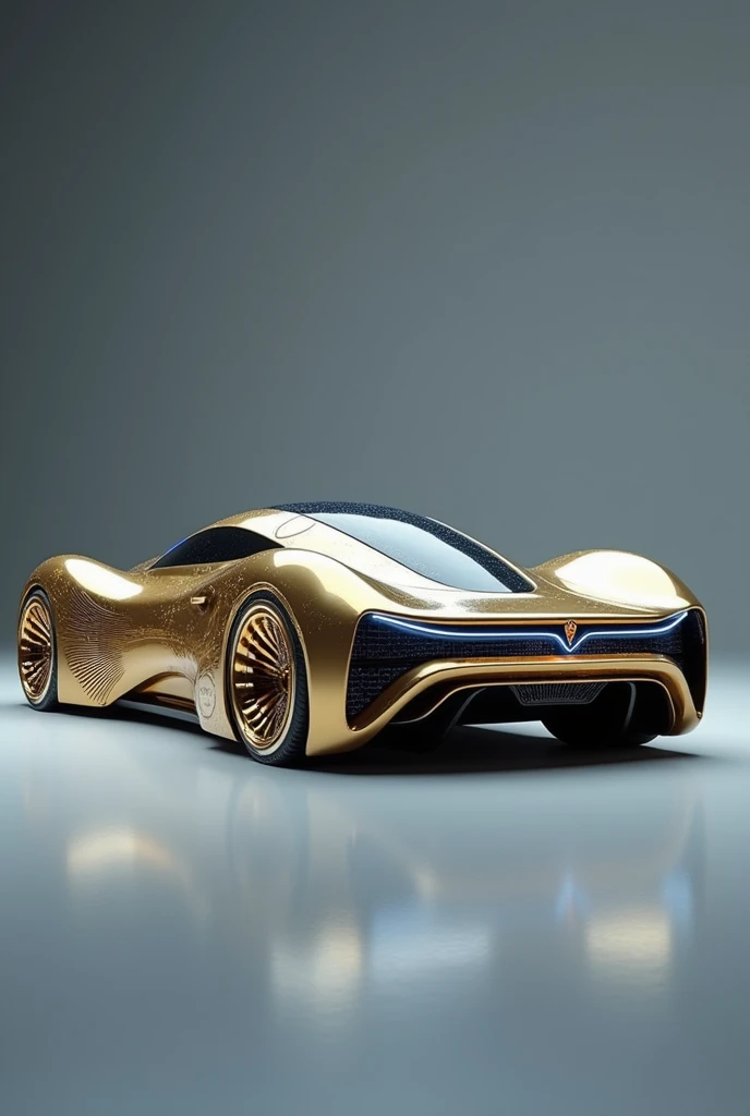 Make a luxury gold and royal blue car model with very futuristic and angelic designs with a gray background behind the car 