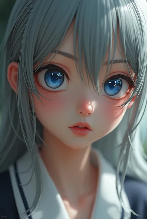  Close-up of an improved masterpiece:1.5)0.9],  ( Messy silver hair:1.1) (  blue eyes:1.2) (A radiant glow:1.1) ( Thick lips:0.9) Big breasted schoolgirl ,Full body legs 